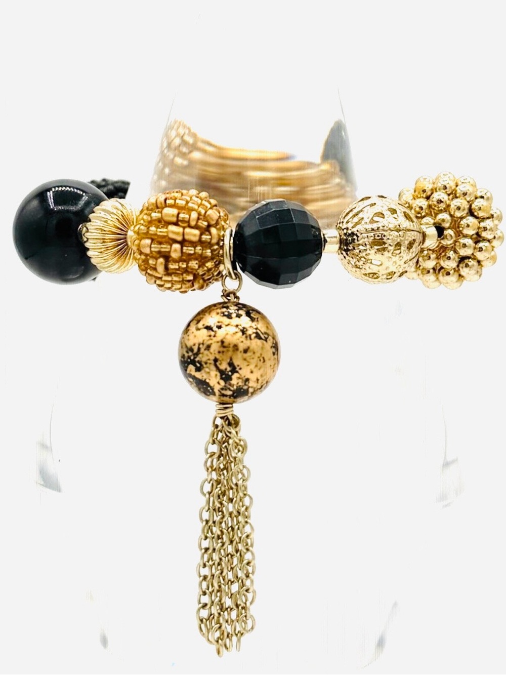 CHICO’S Bold Black & Gold Beaded Metal Tassel Stretch Bracelet Womans Jewelry